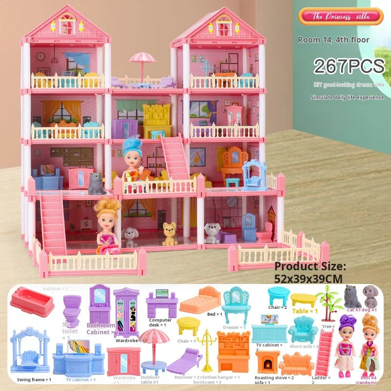 3D DIY Dream Princess Castle Villa Assembly Doll House Set Toy Girl Family Toy Children'S Music Doll House Assembly Villa House