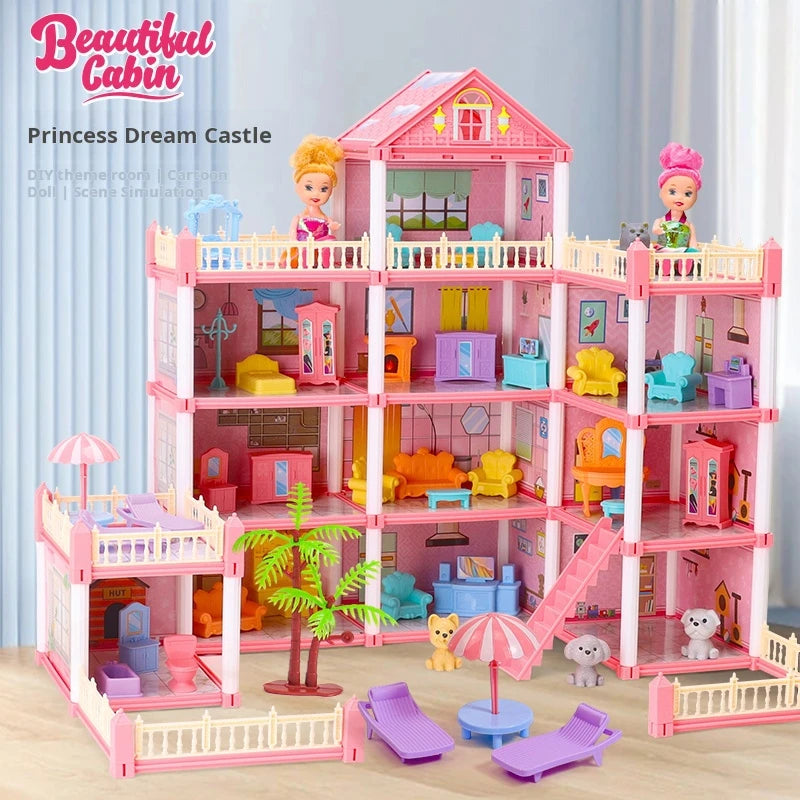 3D DIY Dream Princess Castle Villa Assembly Doll House Set Toy Girl Family Toy Children'S Music Doll House Assembly Villa House