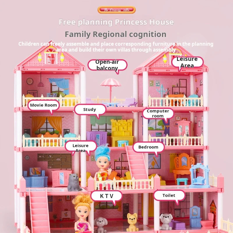 3D DIY Dream Princess Castle Villa Assembly Doll House Set Toy Girl Family Toy Children'S Music Doll House Assembly Villa House